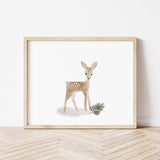 Watercolor  deer print with leaf in sage green, brown, gray color for gender neutral nursery decor.