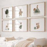 Set of 6 watercolor boho woodland print with bunny, bear, fox, deer, bird, squirell in sage green, brown, gray color for gender neutral nursery decor.