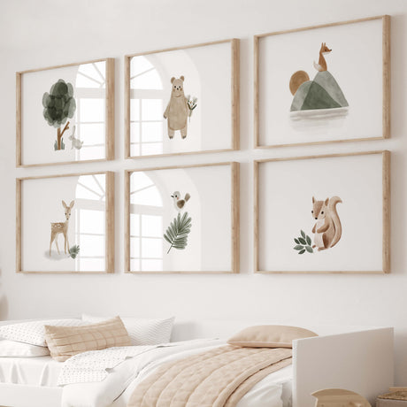 Set of 6 watercolor boho woodland print with bunny, bear, fox, deer, bird, squirell in sage green, brown, gray color for gender neutral nursery decor.