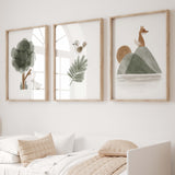 Watercolor woodland poster with bird, bunny, fox, sunrise, mountain, tree, leaf for boho gender neutral nursery ideas.