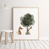 Watercolor boho woodland with fox and tree printable in sage green, brown, gray for boho gender neutral nursery decor.