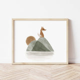 Watercolor fox print with moutain, sunrise in sage green, brown, gray color for gender neutral nursery decor.