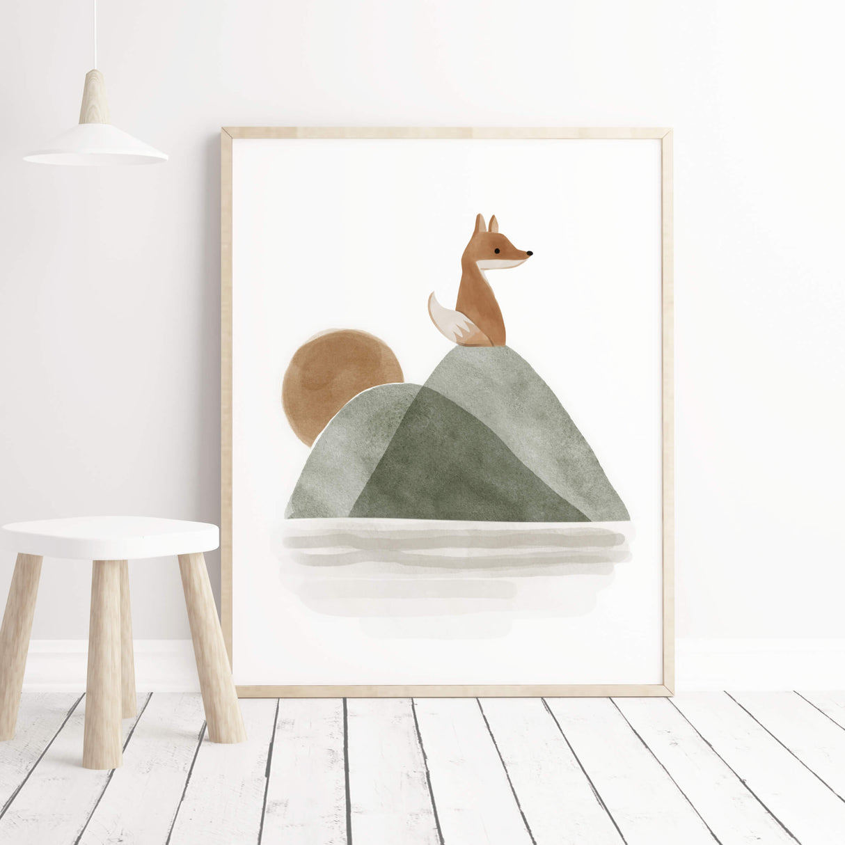Watercolor woodland nursery print with mountain and fox in sage green, gray,brown color for neutral nursery decor.