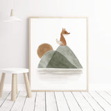 Watercolor woodland nursery print with mountain and fox in sage green, gray,brown color for neutral nursery decor.