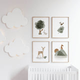 Set of 4 watercolor boho woodland printable in sage green, brown and gray color with bird, bunny, deer and fox animals for neutral nursery nursery decor.