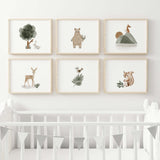 Watercolor  woodland print in sage green, brown, gray color for gender neutral nursery ideas.