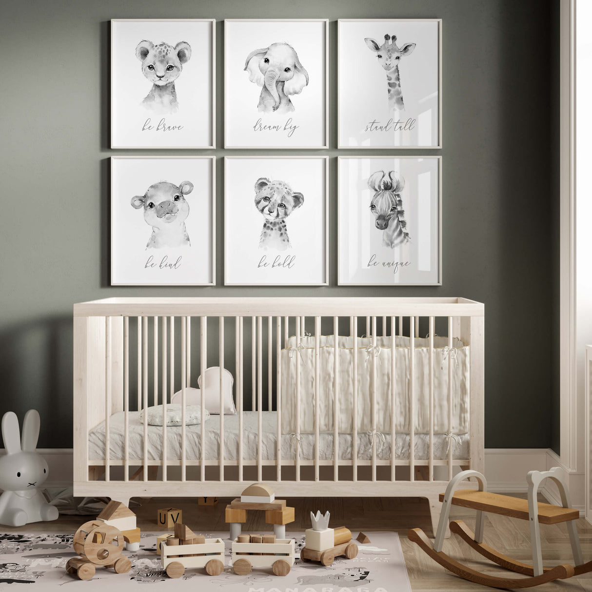 Set of 6 watercolor safari print with inspirational quote in gray, black and white colors for gender neutral nursery decor, boho nursery decor, sage green nursery decor, includes: lion - be brave, Elephant - dream big, Giraffe - stand tall, Hippo - be kind, Zebra - be unique,  leopard - be bold.