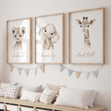 Set of 3 watercolor safari printwith inspirational quote in brown, beige colors for gender neutral nursery decor, boho nursery decor, includes: lion - be brave, Elephant - dream big, Giraffe - stand tall.