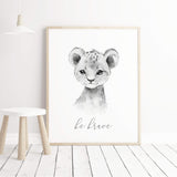 Watercolor safari poster with be brave  inspirational quote, lion in gray, black and white colors for gender neutral nursery decor, boho nursery decor, sage green nursery decor.
