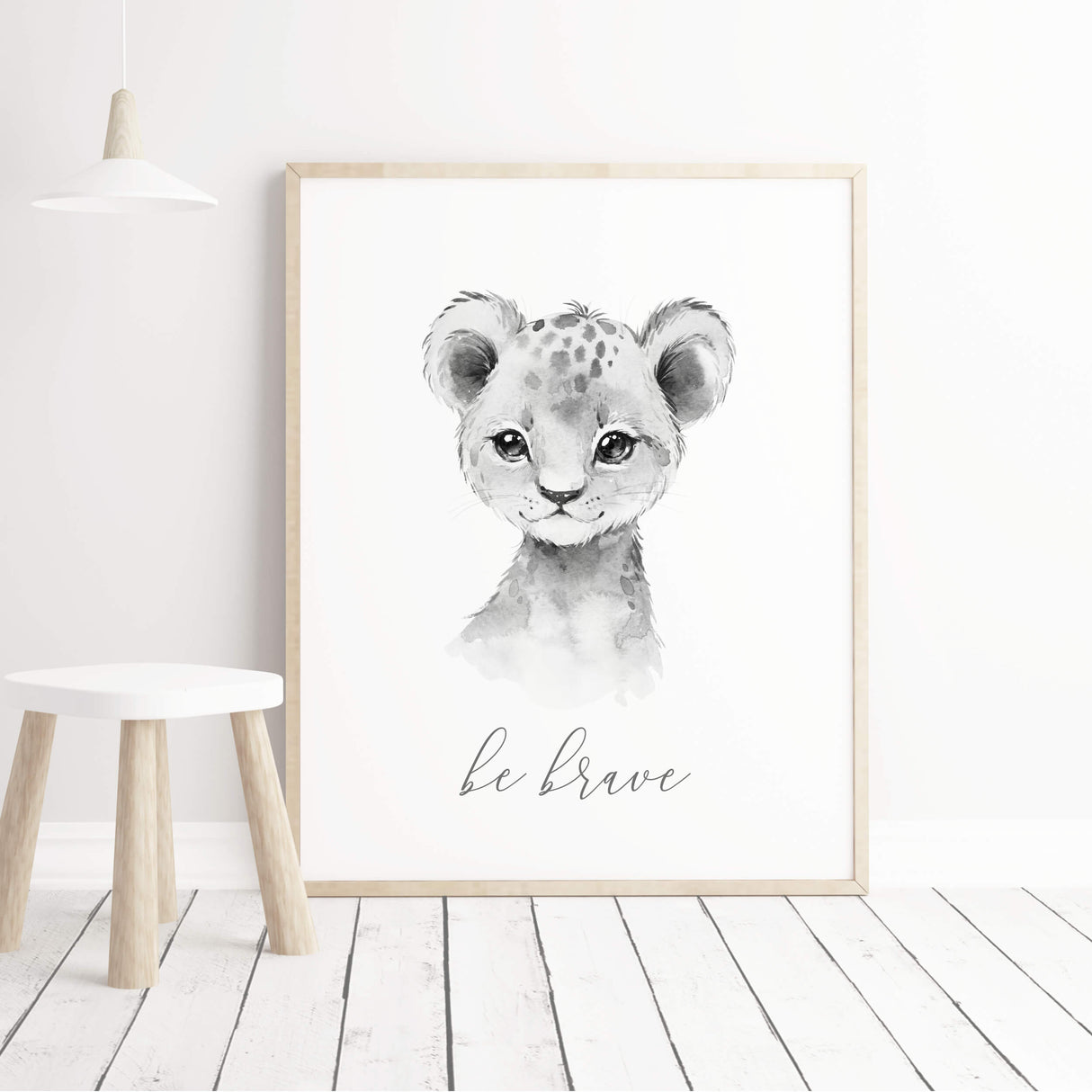 Watercolor safari print with be brave inspirational quote, lion  in gray, black and white colors for gender neutral nursery decor, boho nursery decor.