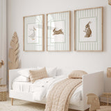 Printable baby animal art in sage green stripes for gender-neutral nursery decor.

