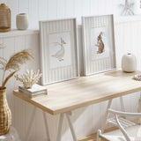 Soft neutral nursery art set for boy or girl with rabbit and goose.