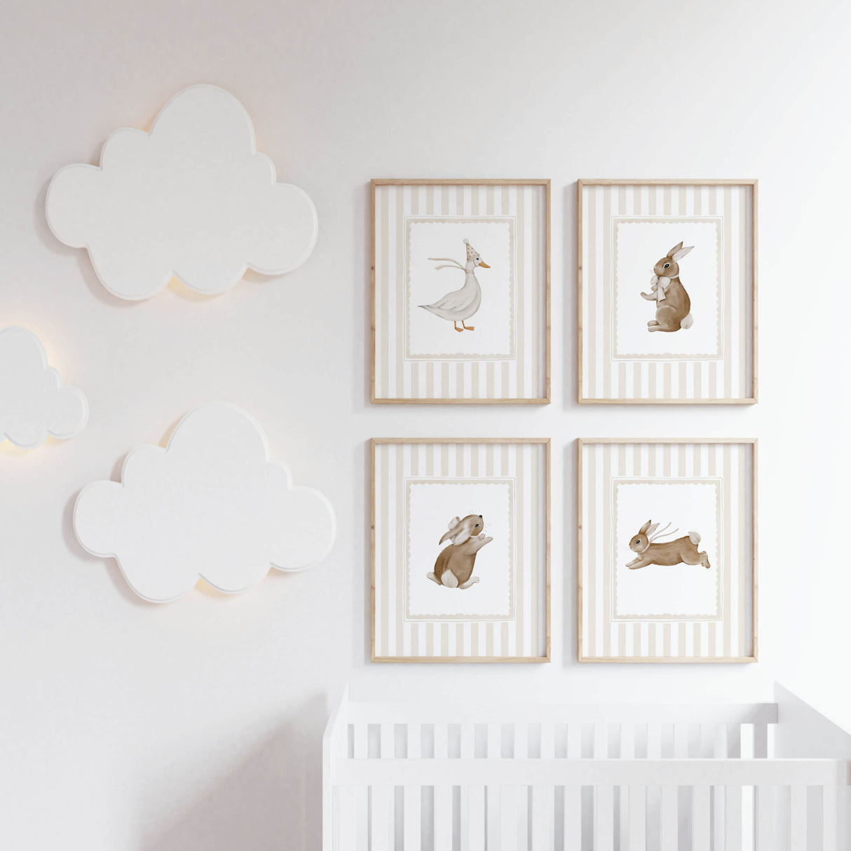 Printable animal nursery decor in beige tones with rabbit and goose artwork.