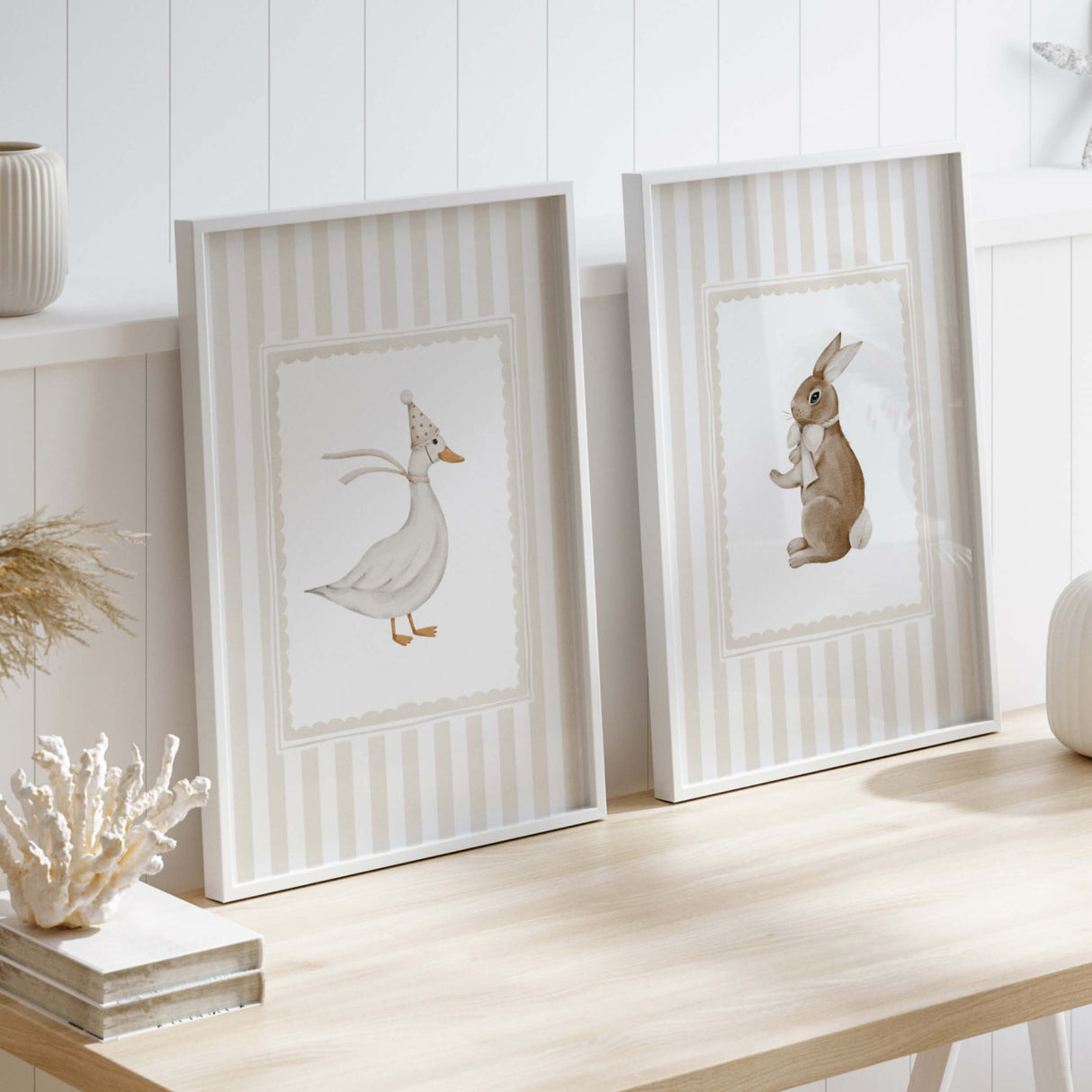 Digital download nursery animal prints with beige striped background.