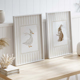 Digital download nursery animal prints with beige striped background.