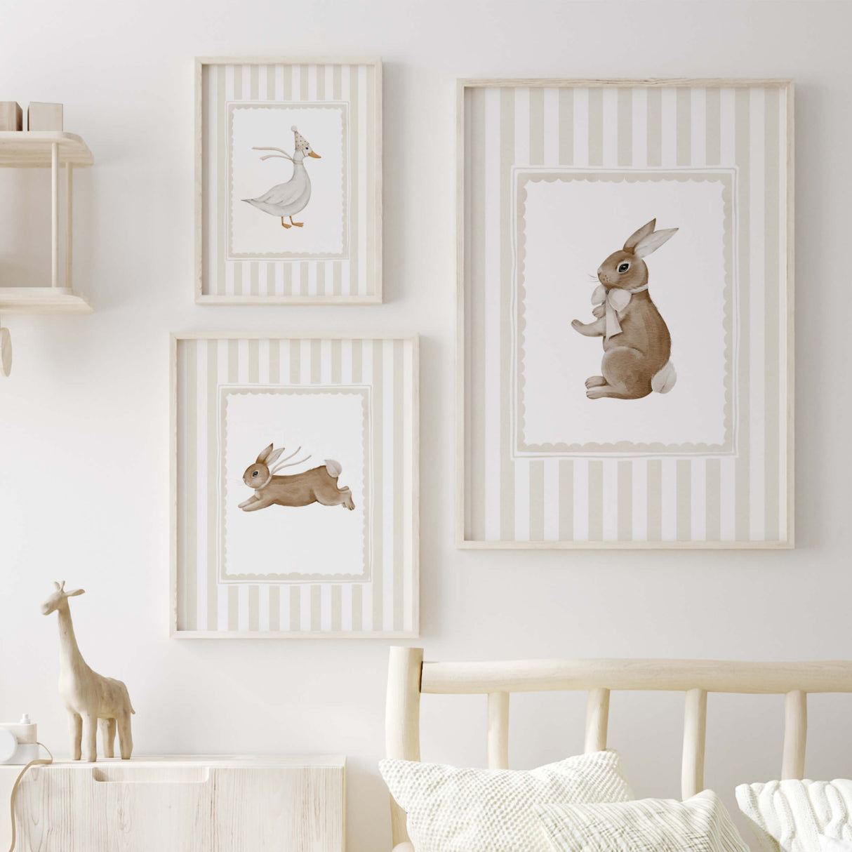 Woodland baby animals wall decor with bunny and duck for minimalist nursery.