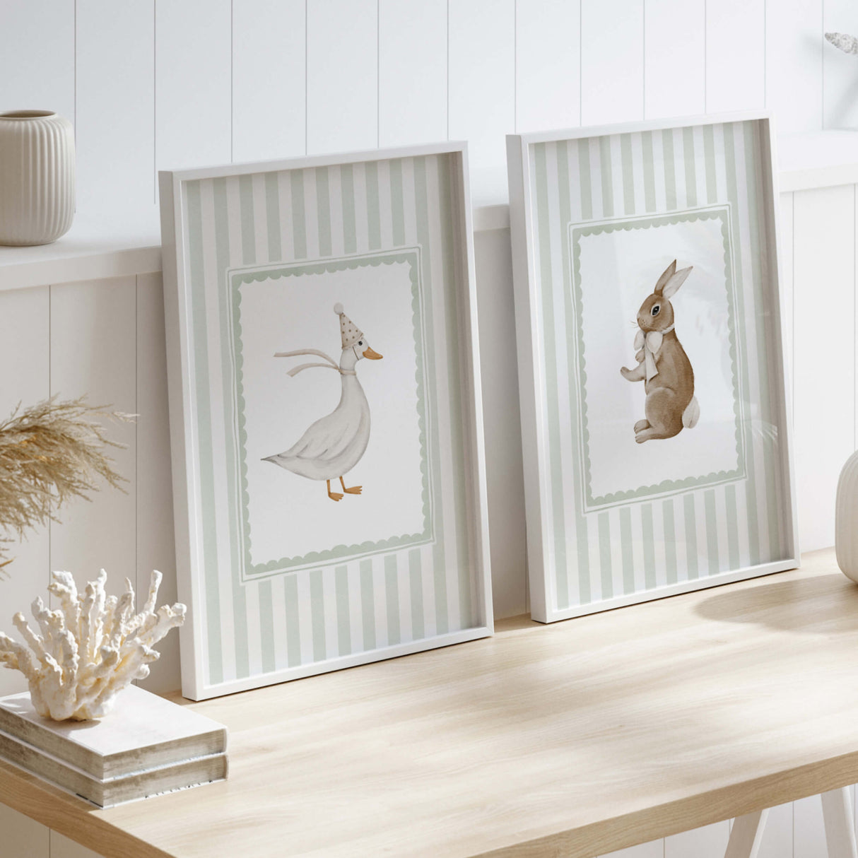 Instant download nursery prints featuring bunny and duck in vintage style.

