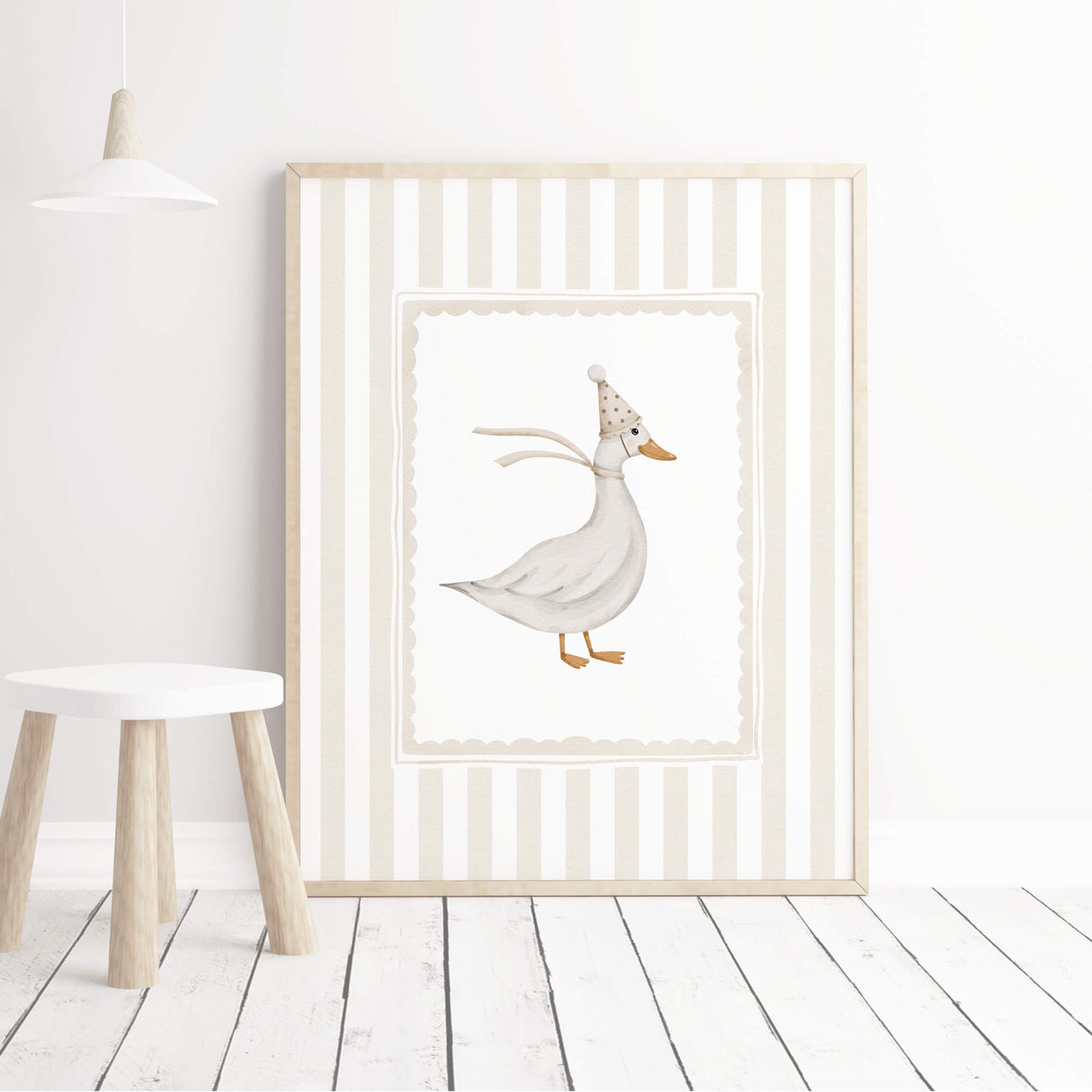 Printable animal nursery decor in beige tones with rabbit and goose artwork.

