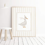 Printable animal nursery decor in beige tones with rabbit and goose artwork.

