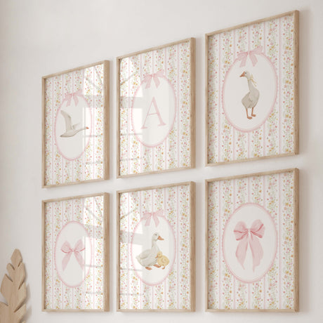 Goose nursery wall art printable with pink floral stripes bows and initial letters