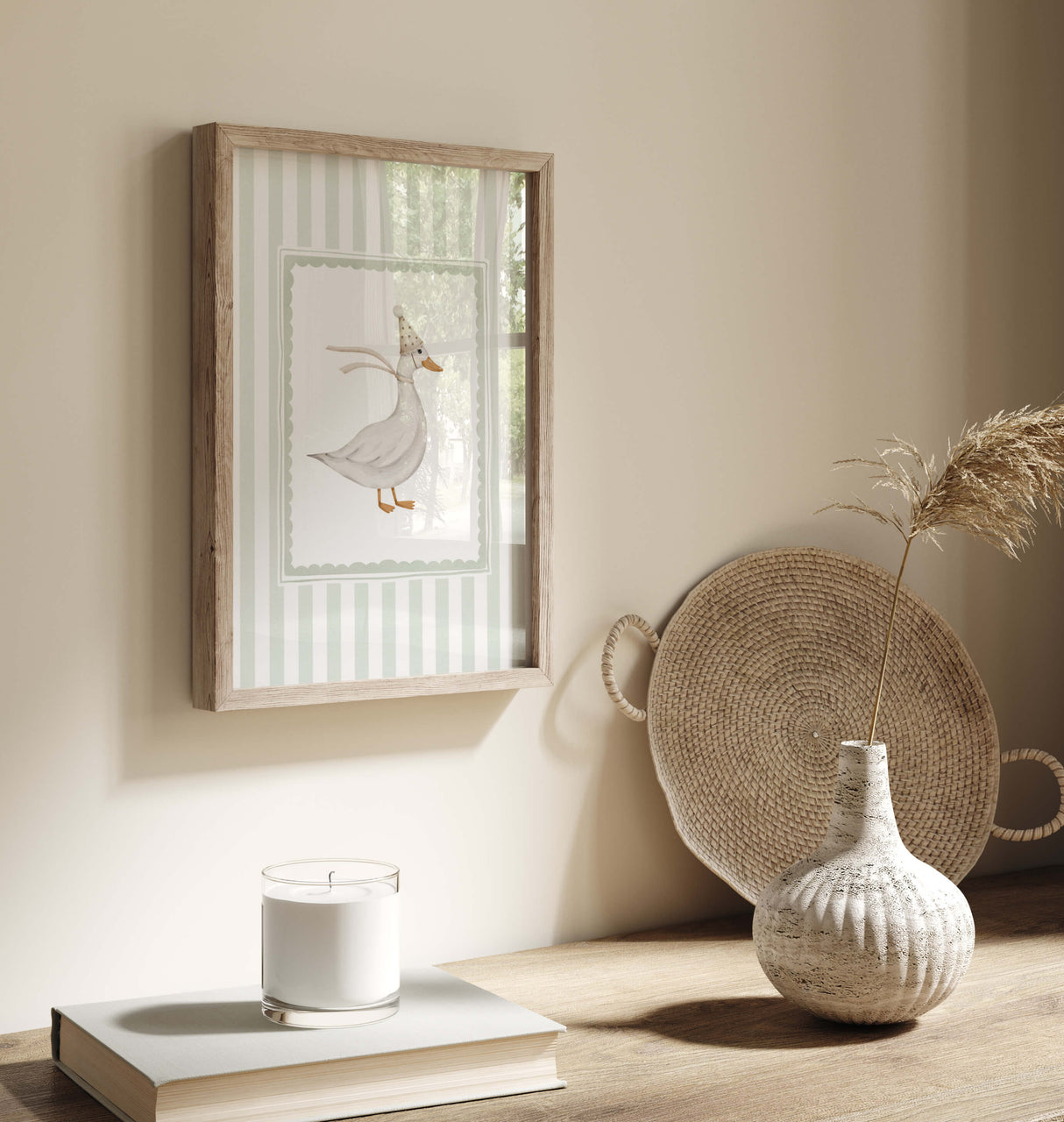 Gender-neutral digital nursery wall art in calming green hues.

