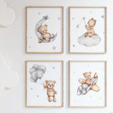 Set of 4 watercolor teddy bear print for gender neutral nursery decor and boho nursery decor.