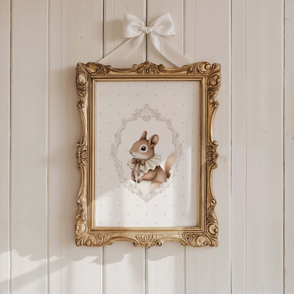 Watercolor gray beige vintage squirrel with beige polka dots background print for gender neutral nursery decor, victorian nursery decor, beige white nursery decor, rococo nursery decor, luxury nursery decor, baroque nursery decor, includes animals: deer, bear, squirrel, badger.