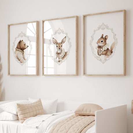 Watercolor vintage forest animal portrait with gray baroque crest print for gender neutral nursery decor, victorian nursery decor, rococo nursery decor, luxury nursery decor, baroque nursery decor, includes animals: deo, bear, squirrel.