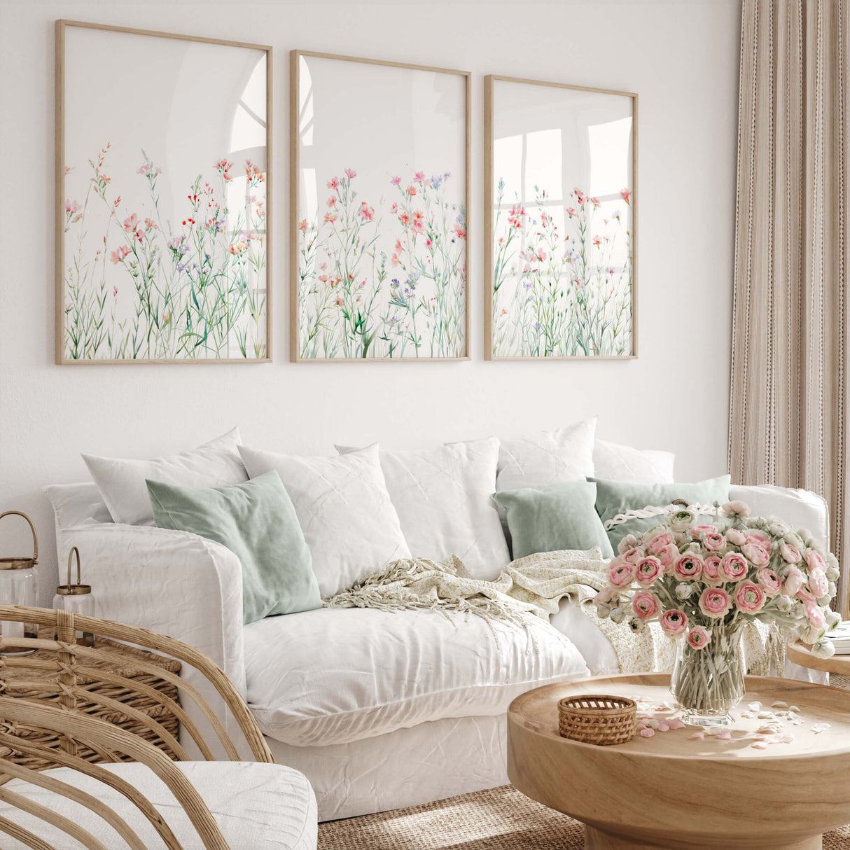 Watercolor soft colorful wildflower print for neutral home decor, baby girls room decor, bedroom, livingroom decor, boho room decor, pink green home decor.