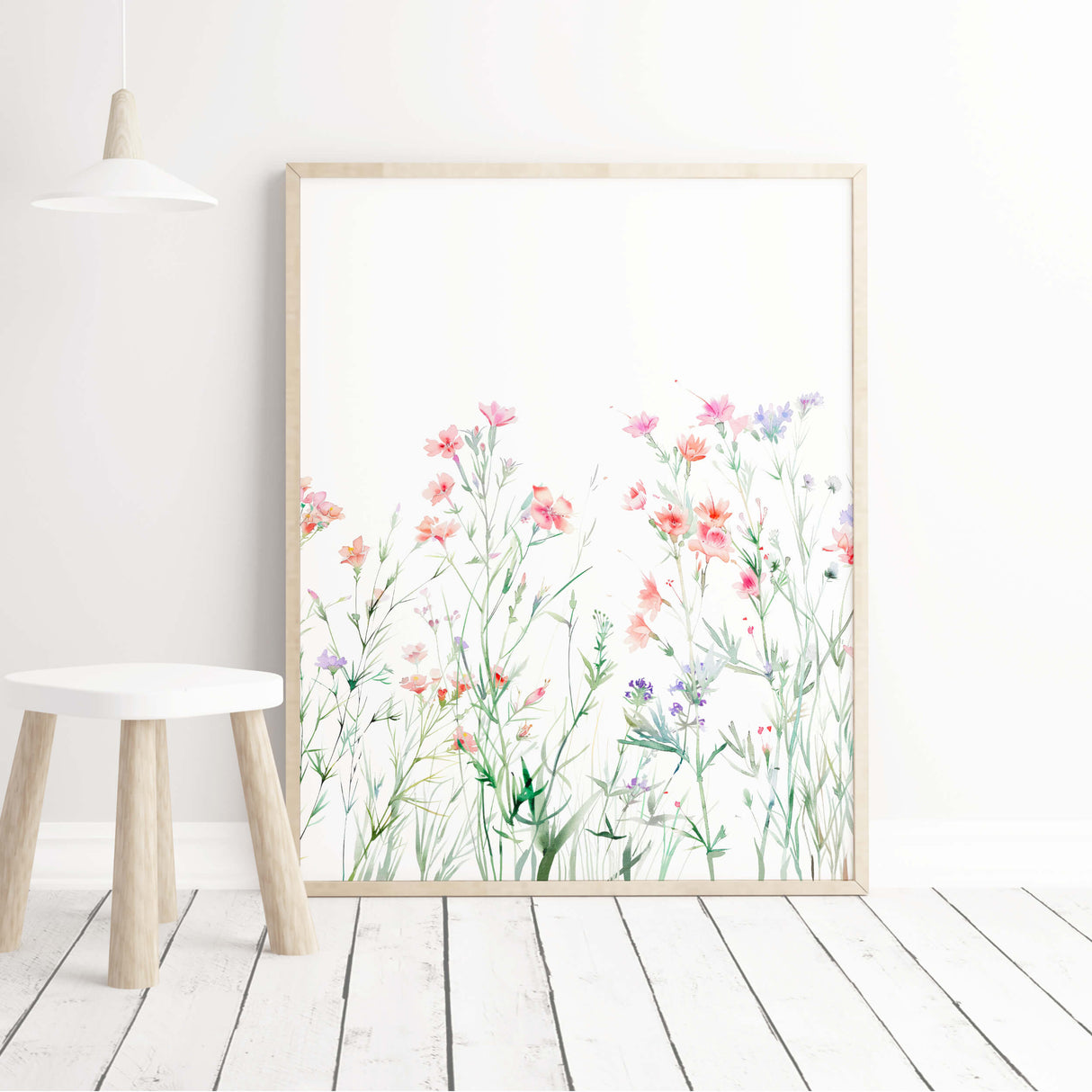Watercolor soft colorful wildflower print for neutral home decor, baby girls room decor, bedroom, livingroom decor, boho room decor, pink green home decor.