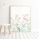 Watercolor soft colorful wildflower print for neutral home decor, baby girls room decor, bedroom, livingroom decor, boho room decor, pink green home decor.