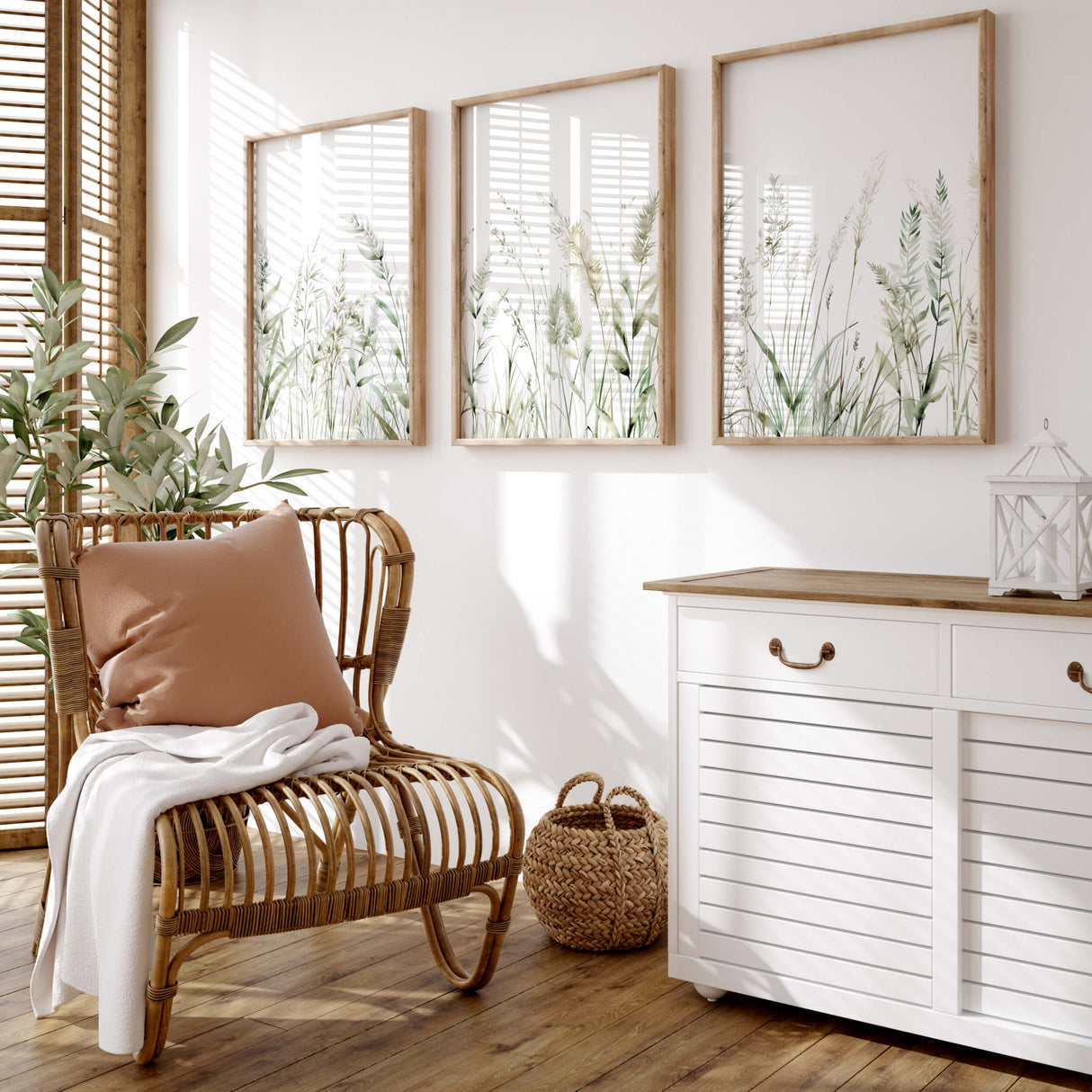 Neutral tone wall decor with botanical grass for cozy interiors


