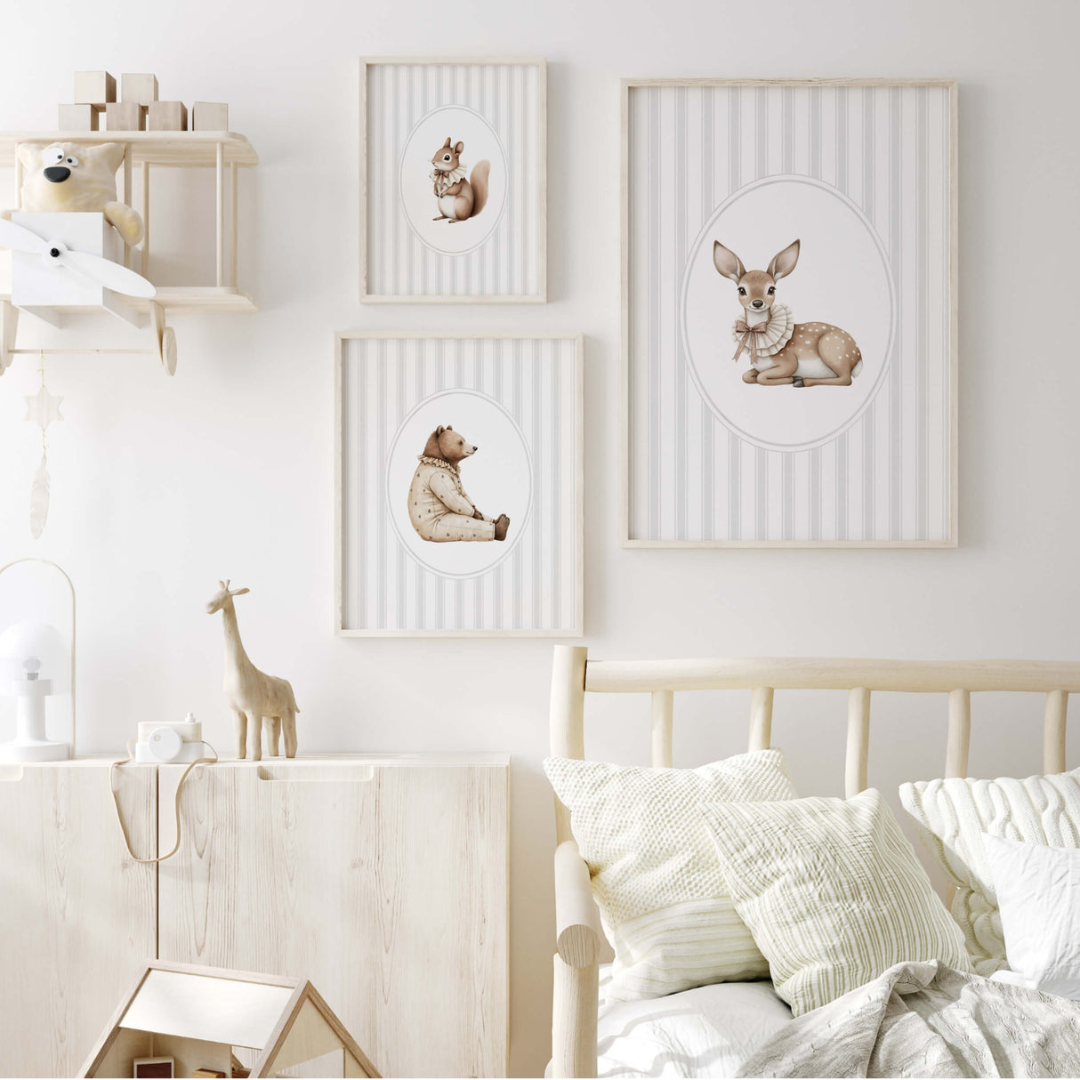 Watercolor gray vintage animal on gray striped background printable for gender neutral nursery decor, striped nursery decor, beige gray nursery decor, rococo nursery decor, luxury nursery decor, cottagecore nursery decor, baroque nursery decor, includes animals: deer, bear, squirrel.