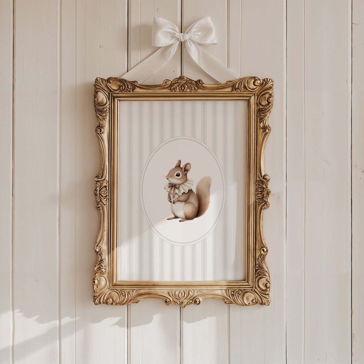Watercolor squirrel on gray striped background print for gender neutral nursery decor, striped nursery decor, beige gray nursery decor, rococo nursery decor, luxury nursery decor, cottagecore nursery decor, baroque nursery decor