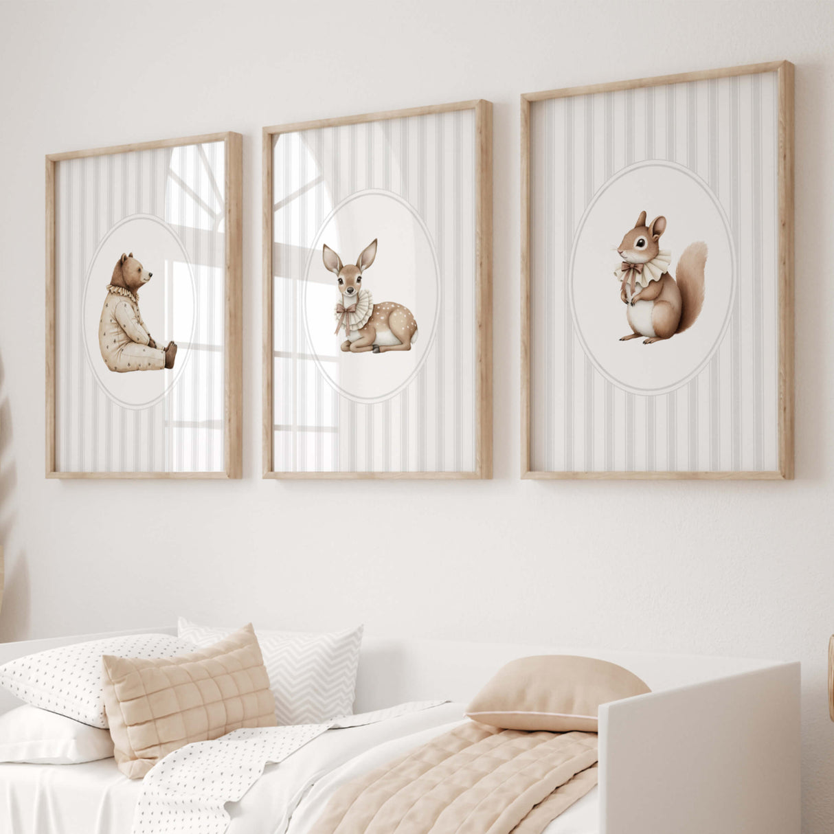 Watercolor gray vintage animal on gray striped background print for gender neutral nursery decor, striped nursery decor, beige white nursery decor, rococo nursery decor, luxury nursery decor, cottagecore nursery decor, baroque nursery decor, includes animals: deer, bear, squirrel, badger.