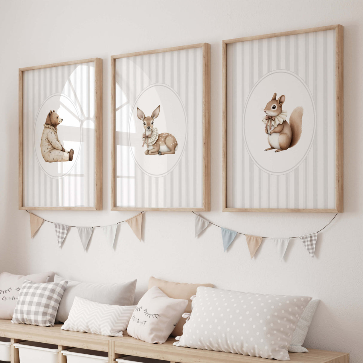 Watercolor gray vintage animal on gray striped background print for gender neutral nursery decor, striped nursery decor, beige gray nursery decor, rococo nursery decor, luxury nursery decor, cottagecore nursery decor, baroque nursery decor, includes animals: deer, bear, squirrel, badger.