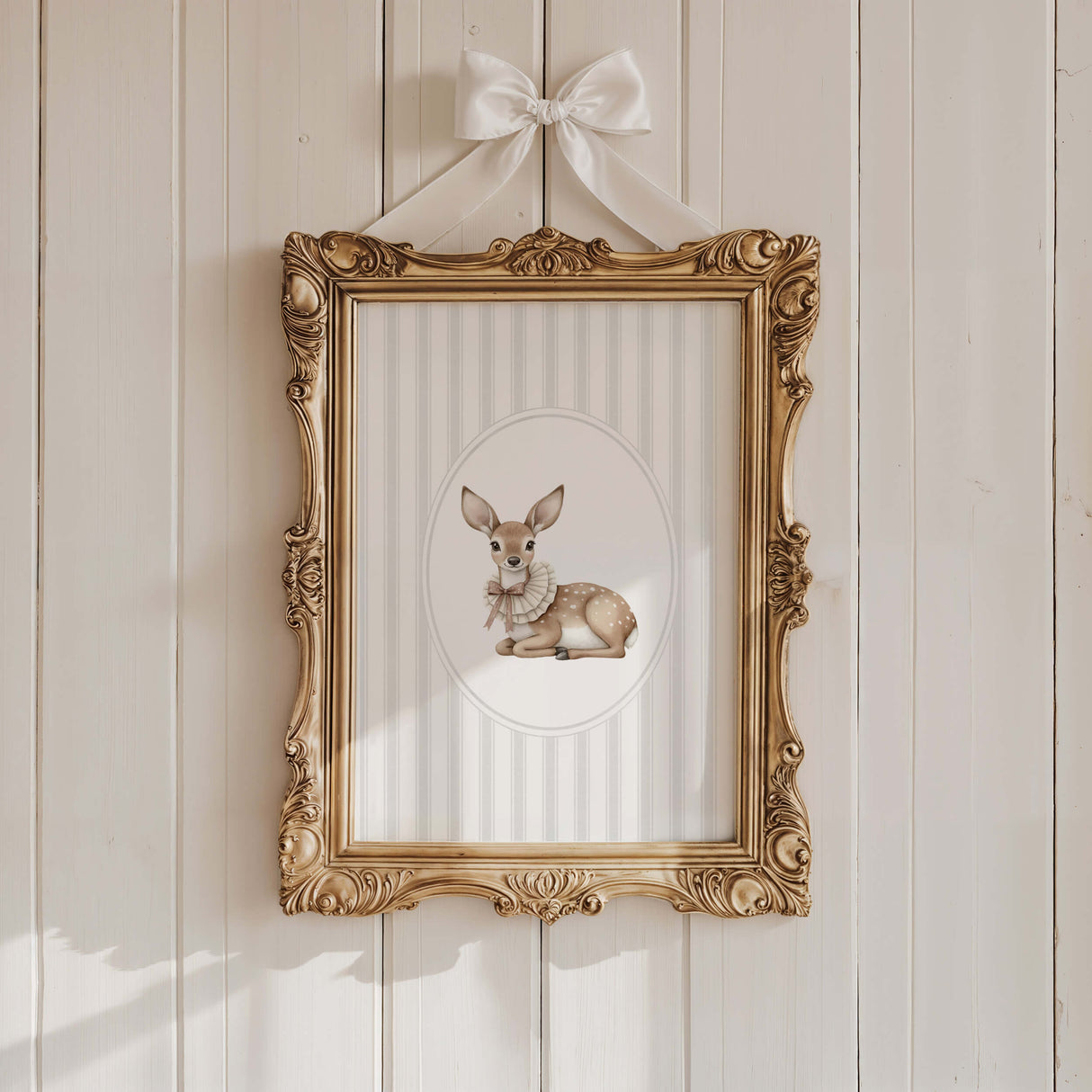 Watercolor doe on gray striped background print for gender neutral nursery decor, striped nursery decor, beige gray nursery decor, rococo nursery decor, luxury nursery decor, cottagecore nursery decor, baroque nursery decor.
