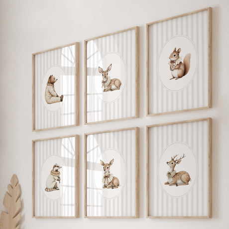 Watercolor vintage woodland animal on gray striped background print for gender neutral nursery decor, striped nursery decor, beige gray nursery decor, rococo nursery decor, luxury nursery decor, cottagecore nursery decor, baroque nursery decor, includes animals: deer, bear, squirrel, badger.