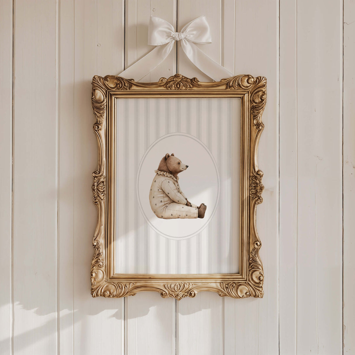 Watercolor vintage bear on gray striped background print for gender neutral nursery decor, striped nursery decor, beige gray nursery decor, rococo nursery decor, luxury nursery decor, cottagecore nursery decor, baroque nursery decor, includes animals: deer, bear, squirrel, badger.