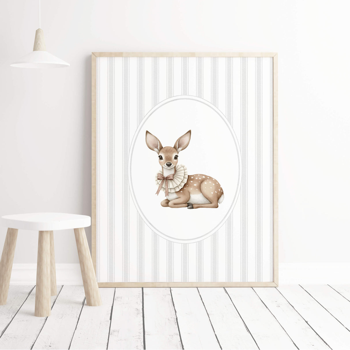 Watercolor vintage doe on gray striped background print for gender neutral nursery decor, striped nursery decor, beige gray nursery decor, rococo nursery decor, luxury nursery decor, cottagecore nursery decor, baroque nursery decor, includes animals: deer, bear, squirrel, badger.