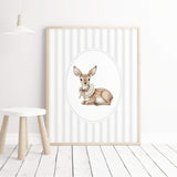 Watercolor vintage doe on gray striped background print for gender neutral nursery decor, striped nursery decor, beige gray nursery decor, rococo nursery decor, luxury nursery decor, cottagecore nursery decor, baroque nursery decor, includes animals: deer, bear, squirrel, badger.