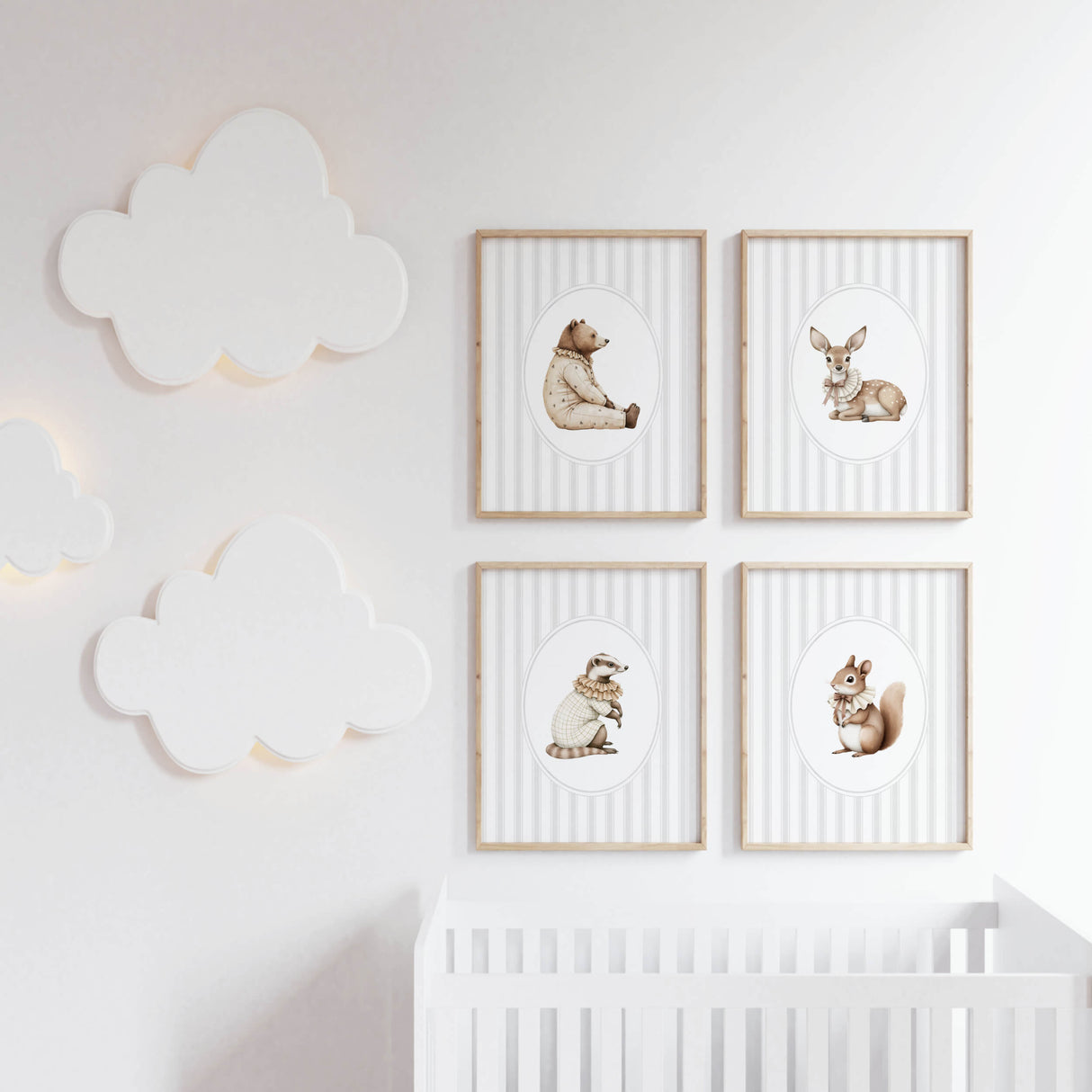 Watercolor gray vintage animal on gray striped background print for gender neutral nursery decor, striped nursery decor, beige gray nursery decor, rococo nursery decor, luxury nursery decor, cottagecore nursery decor, baroque nursery decor, includes animals: deer, bear, squirrel, badger.