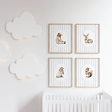 Watercolor gray vintage animal on gray striped background print for gender neutral nursery decor, striped nursery decor, beige gray nursery decor, rococo nursery decor, luxury nursery decor, cottagecore nursery decor, baroque nursery decor, includes animals: deer, bear, squirrel, badger.