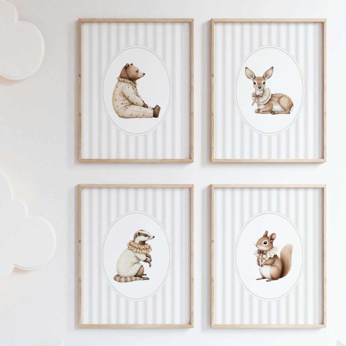 Watercolor vintage woodland animal on gray striped background printable for gender neutral nursery decor, striped nursery decor, beige gray nursery decor, rococo nursery decor, luxury nursery decor, cottagecore nursery decor, baroque nursery decor, includes animals: deer, bear, squirrel, badger.