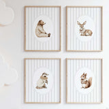 Watercolor vintage woodland animal on gray striped background printable for gender neutral nursery decor, striped nursery decor, beige gray nursery decor, rococo nursery decor, luxury nursery decor, cottagecore nursery decor, baroque nursery decor, includes animals: deer, bear, squirrel, badger.