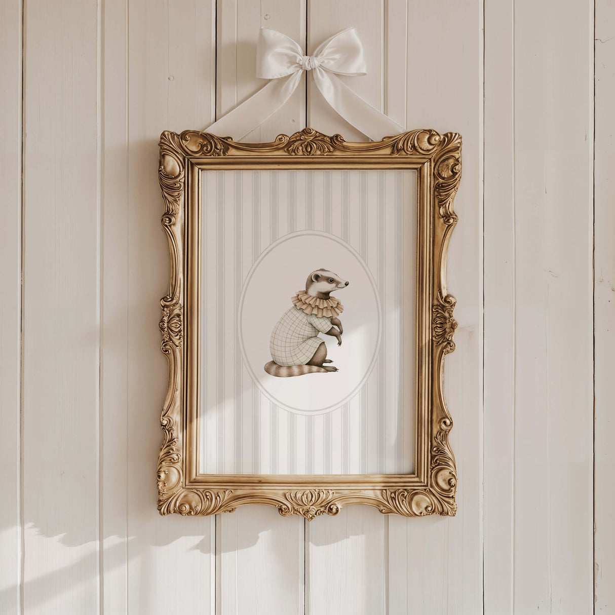 Watercolor badger on gray striped background poster for gender neutral nursery decor, striped nursery decor, beige gray nursery decor, rococo nursery decor, luxury nursery decor, cottagecore nursery decor, baroque nursery decor, includes animals: deer, bear, squirrel, badger.