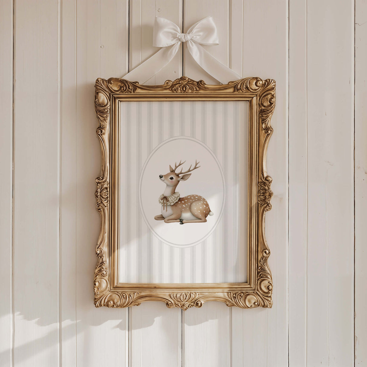 Watercolor vintage deer on gray striped background print for gender neutral nursery decor, striped nursery decor, beige gray nursery decor, rococo nursery decor, luxury nursery decor, cottagecore nursery decor, baroque nursery decor.