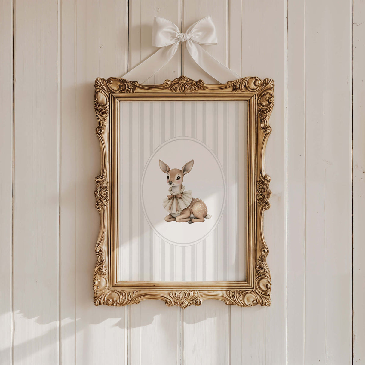 Watercolor vintage doe on gray striped background print for gender neutral nursery decor, striped nursery decor, beige gray nursery decor, rococo nursery decor, luxury nursery decor, cottagecore nursery decor, baroque nursery decor, includes animals: deer, bear, squirrel, badger.