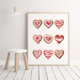 Watercolor red heart cookies, gingerbread printable for Valentine's day home decor, candy home decoration, christmas home decor.