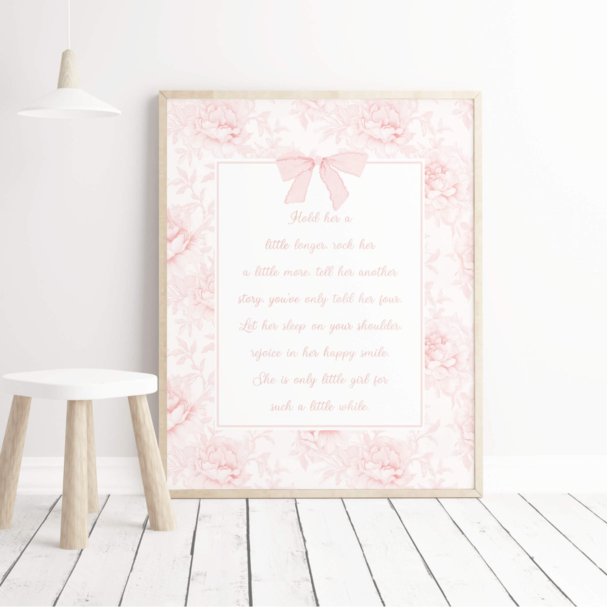 Blush pink floral wall art for baby girl nursery featuring touching motherhood poem